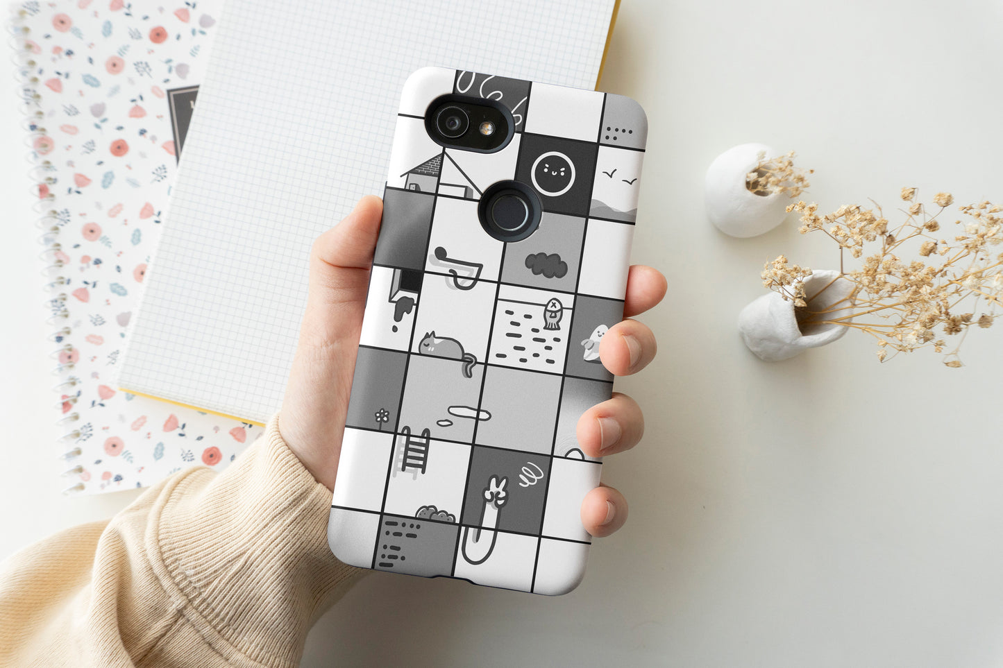 BW Cartoon Grid Phone Case