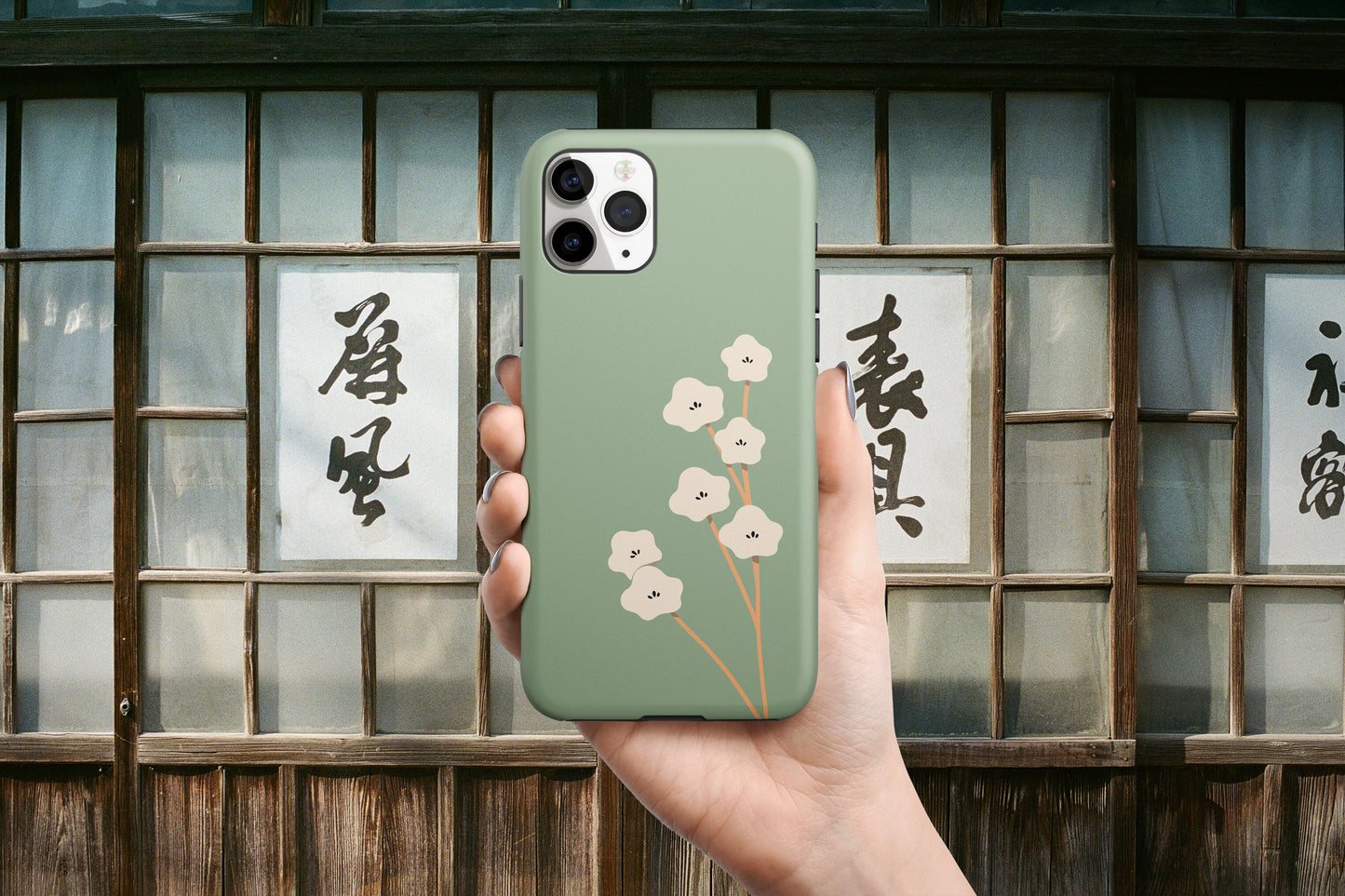 Japan White Flower In Green Phone Case