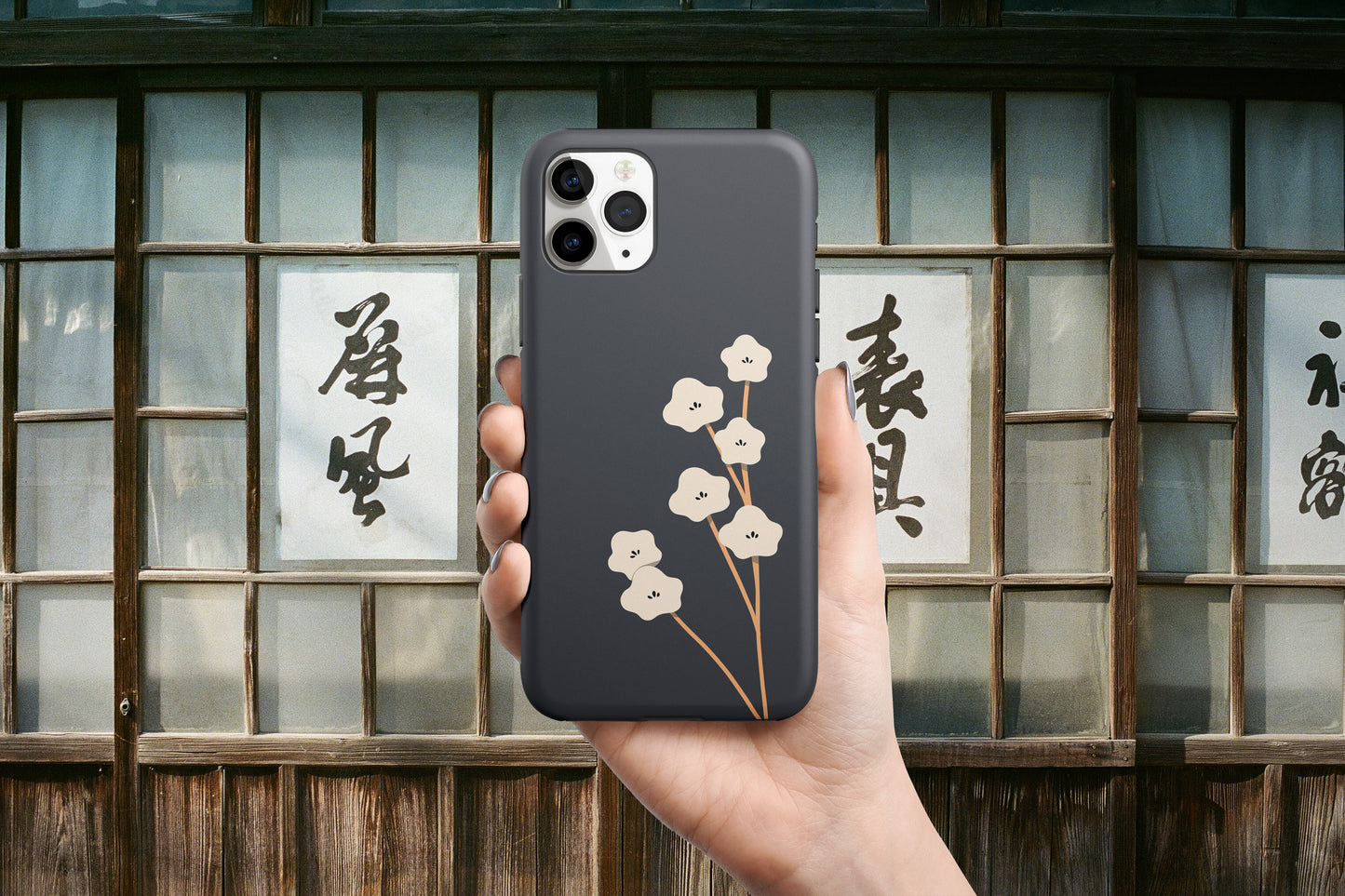 Japan White Flower In Black Phone Case